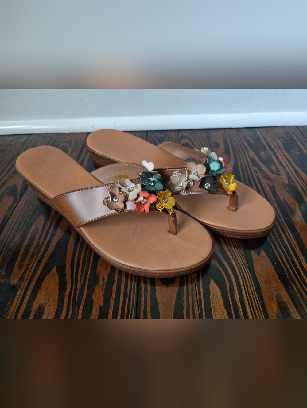 Fabio Maggenti Italy Floral Leather Wedge Thong Sandals Size 9.5 Brown 2" Heel